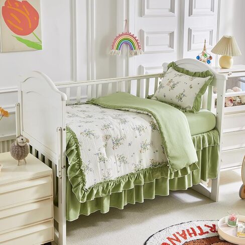 AIKASY Ruffled Shabby Chic Crib Bedding Set for Girls – Baby Quilted Comforter, Fitted Sheet, Bed Skirt, and Pillowcase in Saudi Arabia