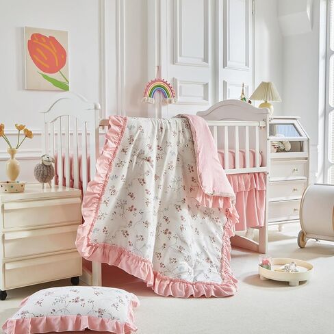 AIKASY Ruffled Shabby Chic Crib Bedding Set for Girls – Baby Quilted Comforter, Fitted Sheet, Bed Skirt, and Pillowcase in Saudi Arabia