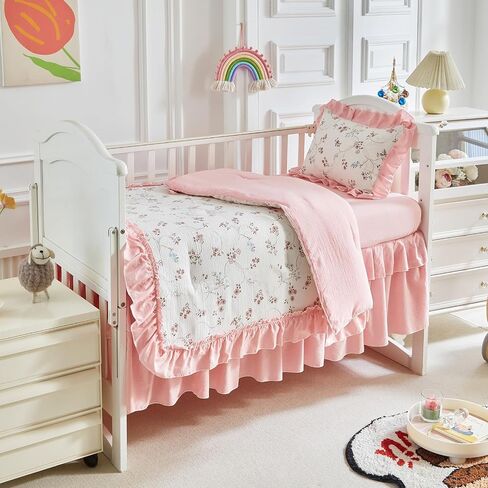 AIKASY Ruffled Shabby Chic Crib Bedding Set for Girls – Baby Quilted Comforter, Fitted Sheet, Bed Skirt, and Pillowcase in Saudi Arabia