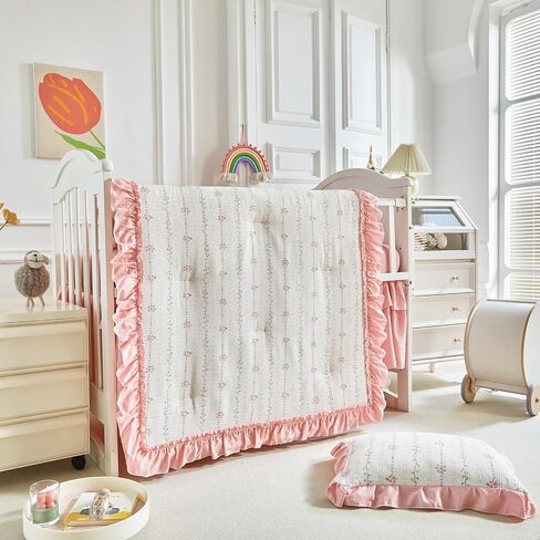 AIKASY Ruffled Shabby Chic Crib Bedding Set for Girls – Baby Quilted Comforter, Fitted Sheet, Bed Skirt, and Pillowcase in Saudi Arabia