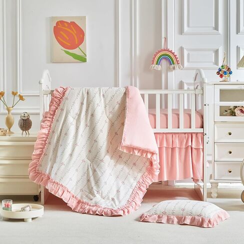 AIKASY Ruffled Shabby Chic Crib Bedding Set for Girls – Baby Quilted Comforter, Fitted Sheet, Bed Skirt, and Pillowcase in Saudi Arabia