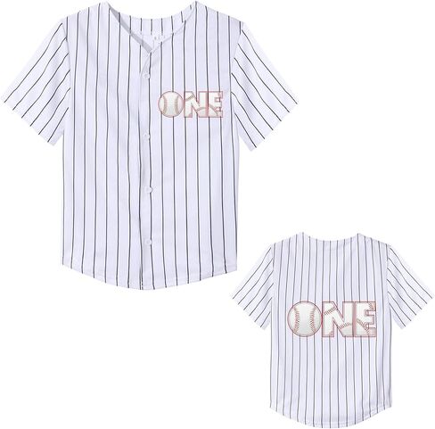 Mowbeat Stripe Baby Baseball Jersey One Print 1 Year Old Birthday Shirt 1st Infant Toddler Button Tee Shirt in Saudi Arabia
