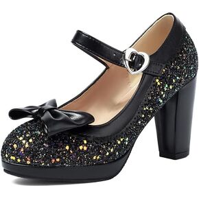 SEIFIN Women's Sequins Glitter Mary Jane Shoes Shine Sparkly Vintage Chunky High Block Heel Women Pumps with Bow and Ankle Strap Rockabilly Cosplay Kawaii Marriage Mary Jane Dress Pumps