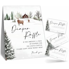 Baby shower Diaper Raffle Game Kit - Snowy Forest - 1 Standing Sign & 50 Tickets, Decoration For Baby Shower, Gender Reveal, Baby Announcement - B07