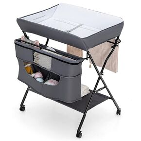Costzon Baby Changing Table, Adjustable Height Portable Diaper Station w/Lockable Wheels, Safety Belt, Large Storage Rack & Bag, Folding Nursery Station for Infant Newborn (Black)