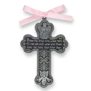 Bless The Child - GUARDIAN ANGEL Baby GIRL Crib Cross 4" PEWTER Medal - CHRISTENING - Baptism KEEPSAKE with PINK RIBBON GIFT BOXED (Original Version)