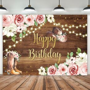 5x3ft Western Happy Birthday Backdrop Pink Flowers Rustic Country Wooden Wall Cowgirl Photography Background Girls Birthday Party Decorations Banner Photo Studio Props