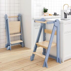 Foldable Toddler Tower, Height Adjustable Learning Tower for Toddler Learning New Skills, Montessori Wooden Kids Kitchen Stool Helper with Safety Rails- Ages 18 Months to 6 Years