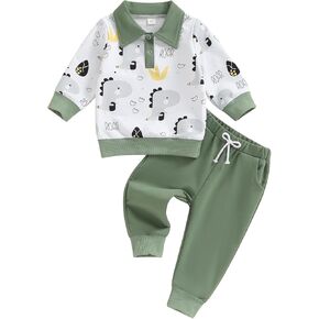 Newborn Baby Boy Dinosaur Clothes Long Sleeve Collared Sweatshirt Pants Set Outfit 2Pcs Fall Winter Sweatsuit
