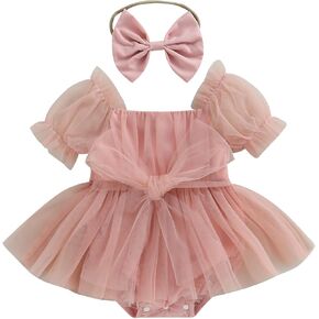 FYBITBO Newborn Baby Girl Romper Dress Bowknot Front Long Puff Sleeve Layered Tulle Tutu Bodysuit Jumpsuit with Headband Set