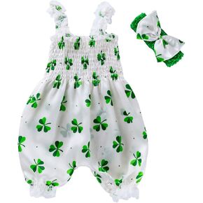 Infant Toddler Baby Girl Clover Romper St Patrick 's Day Jumpsuit One Piece Bodysuit Onesie Tops with Headband Clothes Outfit