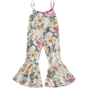 Emmababy Toddler Girl Bell Bottom Romper Baby Floral Suspender Pants Ribbed Jumpsuit Backless Flare Overalls Summer Playsuit
