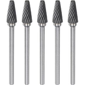 HARFINGTON 5pcs Carbide Rotary Burrs 1/8" (3mm) Shank 1/4" (6mm) Head Single Cut Cone L Shape Die Grinder Bits Rasp Files for Hard Metal Wood Stone Polishing Engraving
