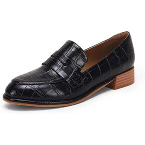 Coutgo Womens Classic Penny Loafers Crocodile Print Casual Mid Stacked Heel Comfort Slip On Office Oxford Dress Shoes