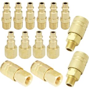 Air Hose Fittings Universal Air Coupler and Industrial M Type Air Plug Kit, Solid Brass 1/4 Inch Body Size With 1/4 Inch NPT Threads For Air Tools Air Compressor Accessories Fittings (14 Pcs)