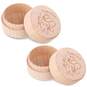 2 PCS Tooth Fairy Tooth Holder, Wooden Tooth Fairy Keepsake Box Cute Carved Tooth Fairy Box, First Baby Tooth Keepsake Case Toddler Milk Teeth Container for Storage Lost Teeth