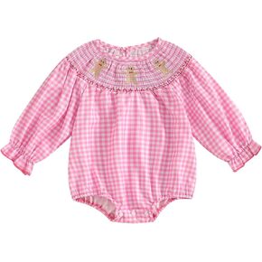 Honganda Newborn Baby Girl Christmas Outfit Plaid Smocked Bubble Romper Santa Claus Gingerbread Man Embroidery Xmas Clothes