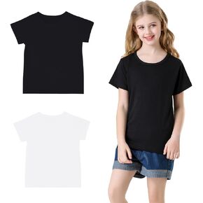 Phedrew 2 Pieces Kids Cotton T-Shirt Solid Color Short Sleeve Crewneck Basic Tops for Unisex Boys and Girls