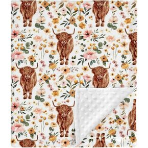 HawSkgFub Highland Cow Floral Mink Baby Blanket Dotted Backing Girl, Boho Western Farm Animal Yak Flower Double Layer Nursery Bed Blankets, Soft Plush Newborn Infant Toddler Kid Crib Bedding 30 x 40