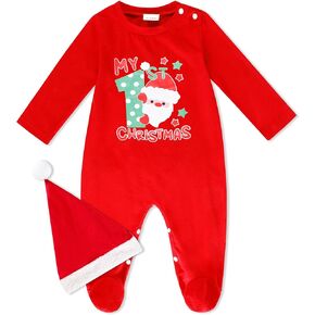 My 1st Christmas Baby Boy Outfit Santa Claus Pattern Red Romper Footies Santa Hat 2pcs Unisex Baby Christmas Outfit
