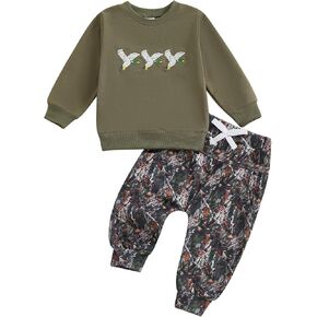 Toddler Baby Boy Hunting Clothes Mallard Duck Embroidery Sweatshirt and Jungle Camo Pants Set Fall Winter Outfits