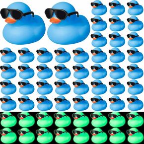 Meooeck 60 Pcs Mini Rubber Ducks with 60 Sunglasses 2.2'' Glow in The Dark Rubber Ducks Squeak Rubber Duckies Bulk Bathtub Toys Floating Fluorescent Tiny Ducks Light Up Duck for Shower (Blue)