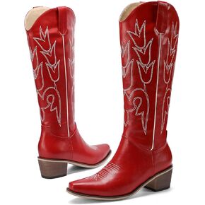 LingxiaUne Knee High Cowboy Boots For Women Wide Calf Distressed Western Cowgirl Boot With Low Block Heels And Pointed Toe Trendy Comfortable