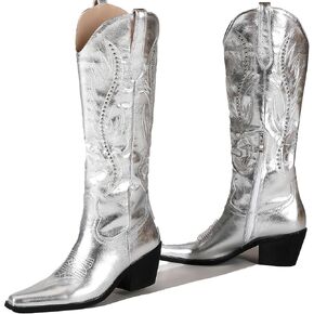 LingxiaUne Knee High Cowboy Boots For Women Wide Calf Distressed Western Cowgirl Boot With Low Block Heels And Pointed Toe Trendy Comfortable