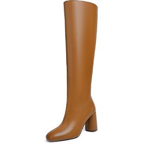 Vertundy Chunky Heel Long Boots For Women Square Toe Leather Knee High Tall Boots