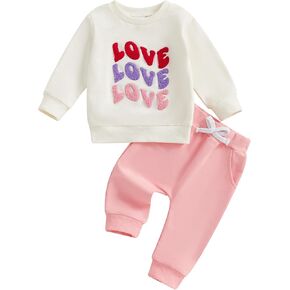 Toddler Baby Girl Valentine's Day Outfits Letter Embroidery Sweatshirt Elastic Pants Sets Newborn Infant Clothes