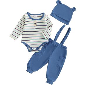 Newborn Boy Girl Outfit Baby Overalls Clothes Set Infant Suspender Pant Long Sleeve Button Romper and Hat 3PCS