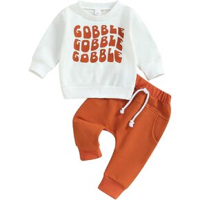 Toddler Baby Thanksgiving Outfit Boy Girl Gobble Letter Print Pullover Sweatshirt Solid Color Pants Fall Clothes (White, 0-6 Months)