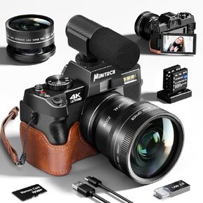 Digital Camera for Photography and Video,4K 48MP Vlogging Camera for YouTube with 180° Flip Screen,16X Digital Zoom,52mm Wide Angle,Leather Hold & Strap, 2 Batteries, 32GB TF Card(S100,Black
