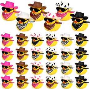 24 Sets Disco Cowboy Rubber Ducks with Scarf Hat and Sunglasses Mini Bath Duck Toys for Birthday Swimming Party Gift Favor Decorations