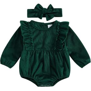 2-Piece Baby Girls Velvet Set Ruffled Trim Long Sleeve Romper Headband Adorable Outfits