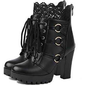 Platform Boots For Women Black Chunky Boot Goth Ankle Booties Bead Lace Lolita Dress Shoes With Zipper