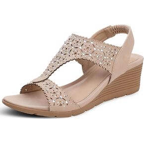 SHIBEVER Womens Sandals Wedge Low: Elastic Ankle Strap Wedge Sandals - Dressy Sandals Women - Comfortable Open Toe
