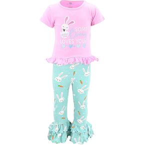 طقم ملابس بناتي مكون من قطعتين من السراويل الضيقة ذات الكشكشة المزدوجة مع قميص قصير الأكمام للأطفال والرضع in Kuwait