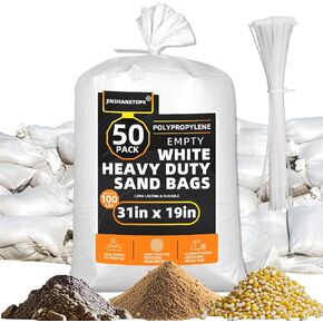 50PCS Sand Bags for Flooding, Flood Prevention Sandbags, White Sand Bags, 19"x 31"Heavy Duty Woven Sand Bag Sacks 100 lb, 60PCS Cable zip Ties for Flood Protection, Erosion Control, Hurricane Barriers