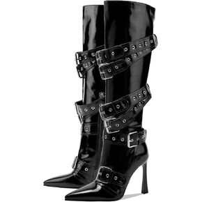 GOSERCE Black White Knee High Boots for Women Sexy Pointed Toe Buckle Rivets Tall Stiletto Boot Fashion Trendy High Heel Long Boots Zipper Ladies Patent Leather Black White Shoes Fall Winter