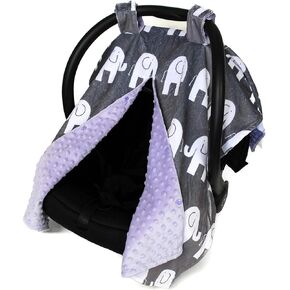 Dear Baby Gear Deluxe Car Seat Canopy, Custom Minky Print White Elephants, Lavender Minky Dot
