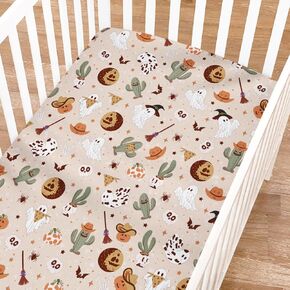 Halloween Western Cowboy Baby Crib Sheets for Boy Girl 52"x28" Cowboy Cactus Skull Pumpkin Ghost Moon Crib Mattress Cover Soft Fitted Baby Sheets for Standard Crib and Toddler Bed Mattresses