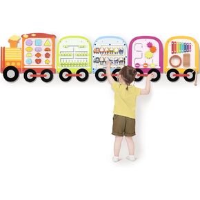 Joyreal Wooden Busy Board Train Activity Wall Panels - Montessori Sensory Wall Toys for Toddlers - Learning Activity Center for Playroom & Daycare Decor - Educational Toy Gift for Boys and Girls 18 M+