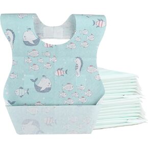 Baby Disposable Bibs Travel Feeding Bib 25pcs Individual Wrapped- Leakproof Liner, Food Catcher Pocket for 6-18 Months Babies Toddlers(Whale Fish)