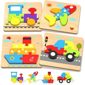 Wooden Puzzles Toddler Toys for 1 2 3 Years Old Boys Girls, 4 Vehicle Shape Learning Educational Blocks Birthday Gifts Sensory Toys Stocking Stuffers Montessori Toys Age 1-3, 2-4