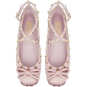 Keilinia Women's Satin Mary Jane Ballet Flats,Bow Studded Strap Ankle Buckle Square Toe Soft Comfort Casual Dress Shoes