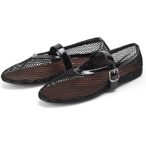 Mesh Ballet Flats for Women Buckle Strap Ballerina Flats Comfy Casual Ballerina Fishnet Mary Jane Flats Daily Dress