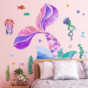 Creative Watercolor Jellyfish Wall Sticker Under The Sea Wall Decals Peel and Stick Removable Bubble Fish Starfish DIY Art Décor for Kids Girls Bedroom Living Room Bathroom Window Wall Decoration in Kuwait