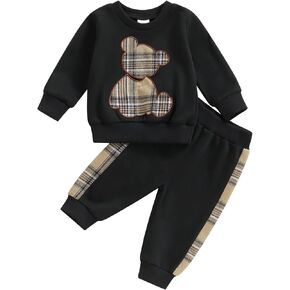 Infant Todder Unisex Baby Autumn Clothes Outfits Long Sleeve Plaid Bear Pattern Pullover Sweatshirt Tops Pants Set
