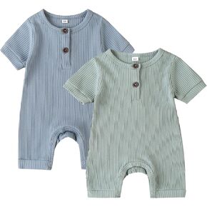 Infant Baby Boy Girl 2 Pack Solid Romper Ribbed Knit Short Long Sleeve One Piece Jumpsuit Clothes Sets…